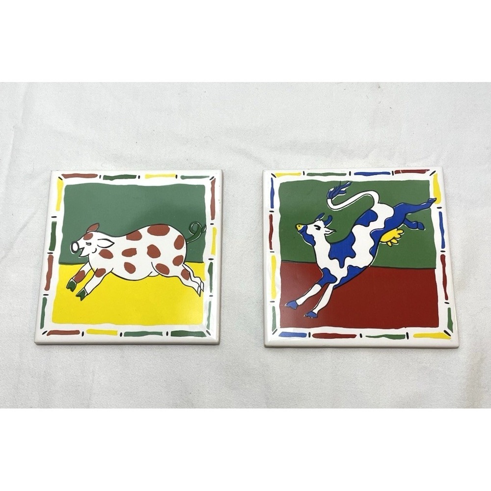 Ceramic Tile Cork Back Trivets Cow Pig Set of 2 Colorful Farmhouse Retro‎